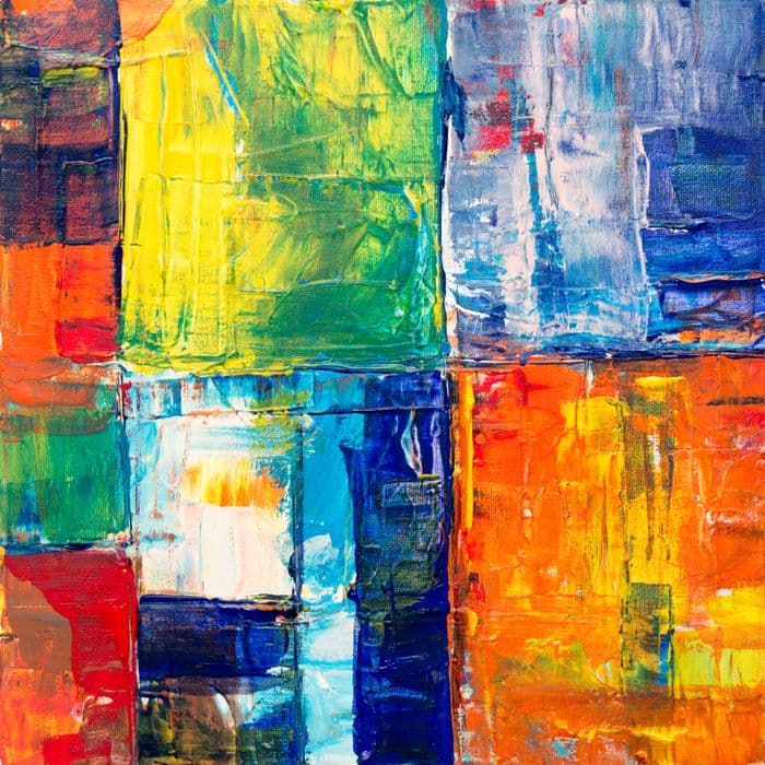 Colorful abstract painting with bold textures and geometric shapes.