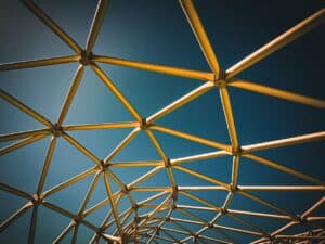 Geometric metal structure against blue sky