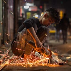 Young male using an angle grinder with sparks flying